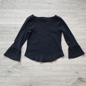 Ann Taylor Black Shirt Womens Small Bell Sleeves Ribbed Textured Cotton